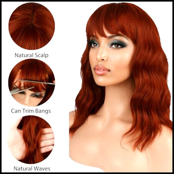 Synthetic Bob Wig Heat Resistant Loose Wavy With Bangs Shoulder Length main image 4